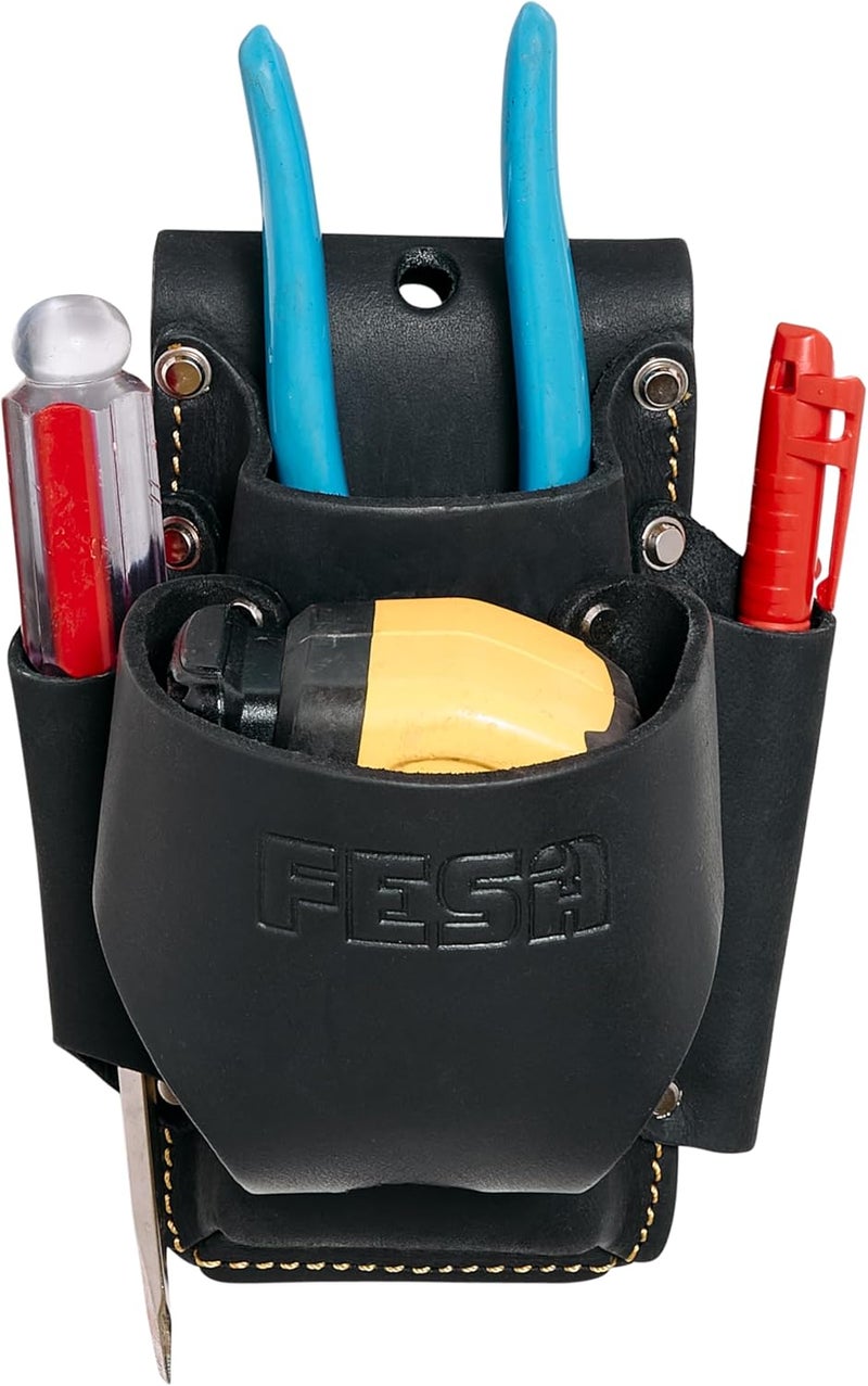 fesa Small Leather Tool Pouch - 4-in-1 Heavy Top Grain Leather Small Tool Pouch with a Tape Measure Holder, 3 Pockets & Reinforced Heavy Duty Rivets - Fits Belts up to 3" - Handcrafted - Image 1